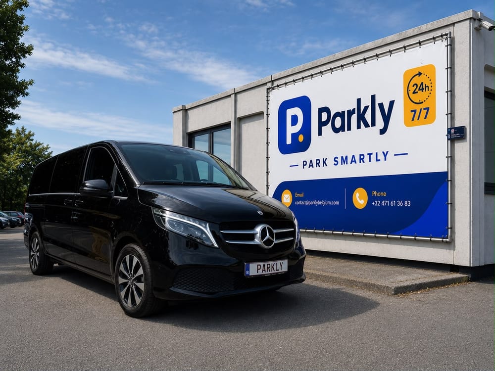 Navette Mercedes Parkly devant l'enseigne, parking aéroport Zaventem près de Brussels Zaventem Airport